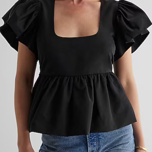 Express Plus size XL Square Neck Flutter Sleeve Peplum Babydoll Top Soft Pink - Picture 6 of 7